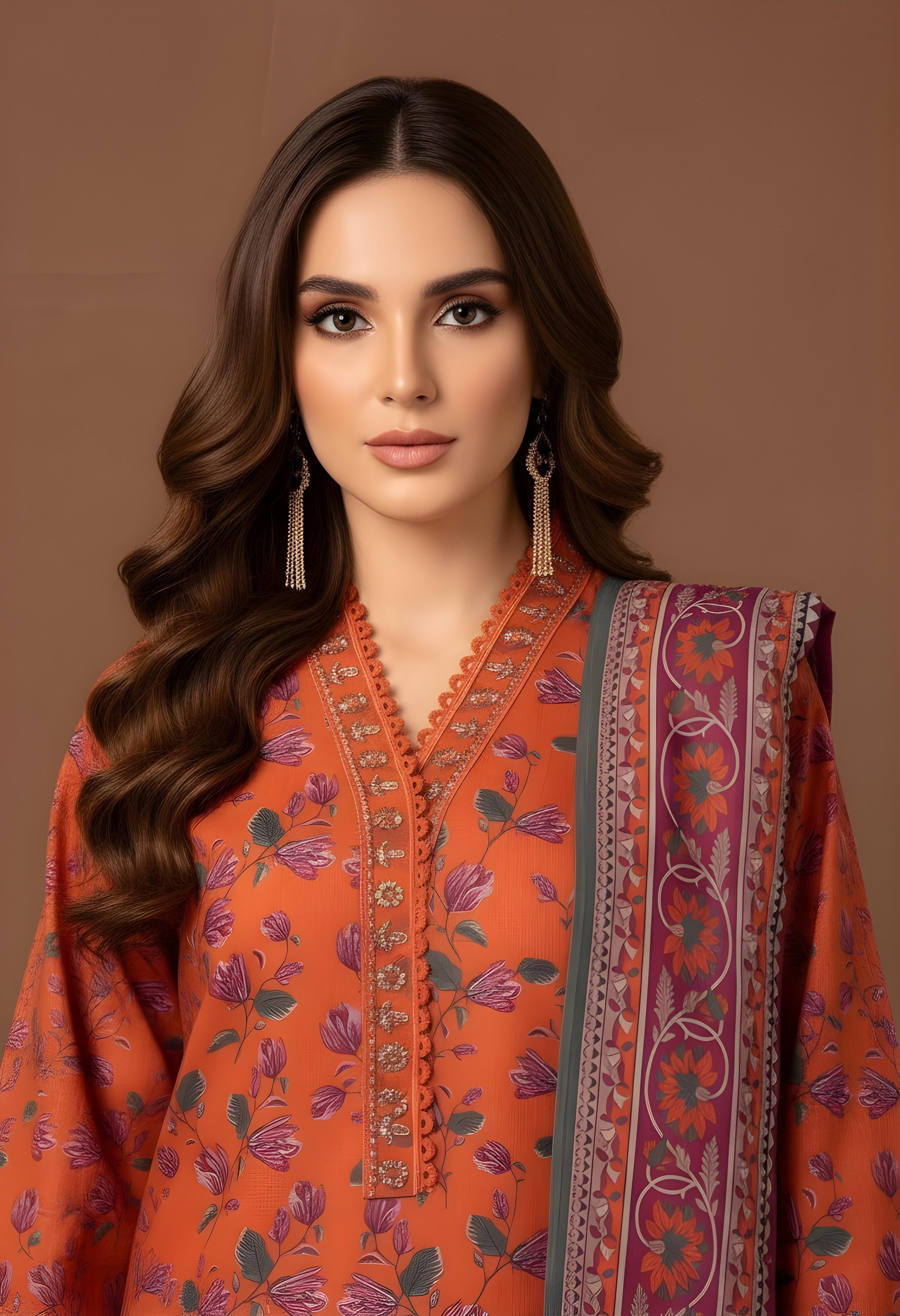 Pech orange - SB Printed Khaddar