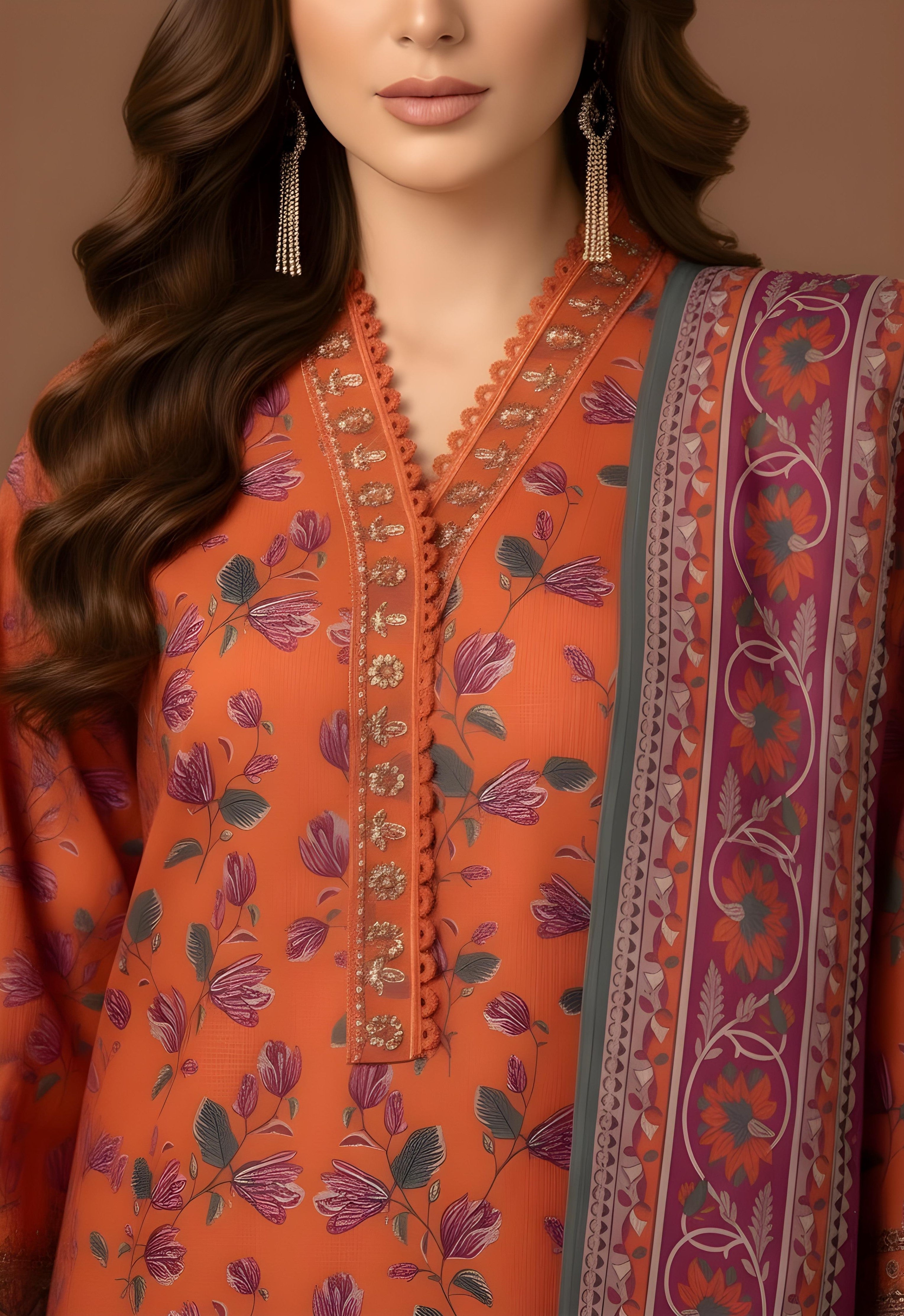 Pech orange - SB Printed Khaddar