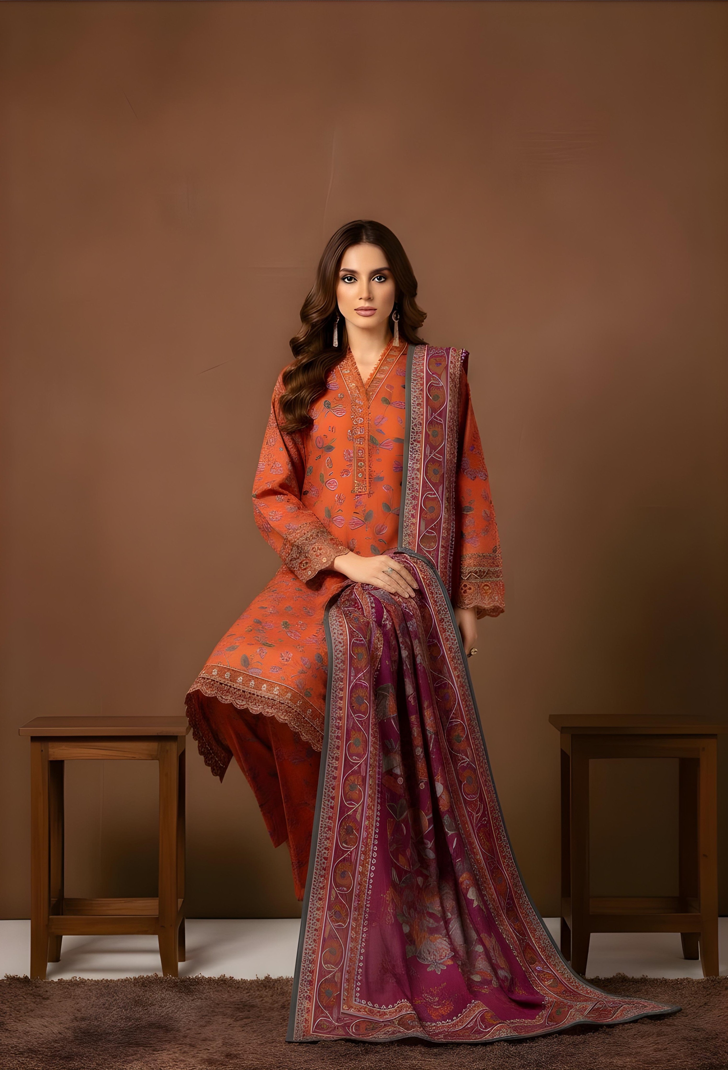 Pech orange - SB Printed Khaddar