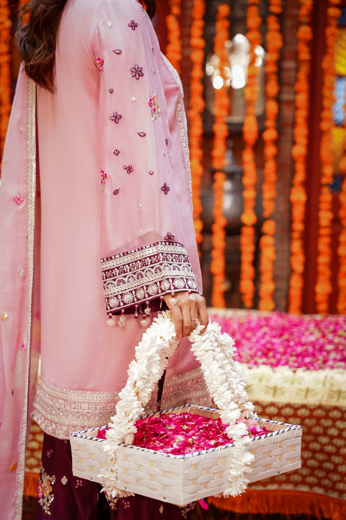 Pastel Pink & Maroon Raw Silk Formal Embroidered Suit