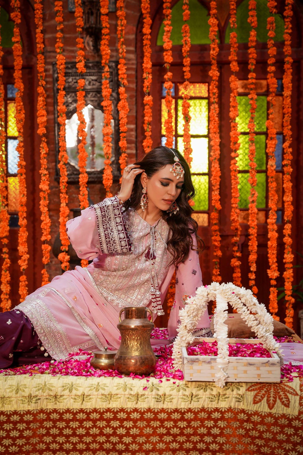 Pastel Pink & Maroon Raw Silk Formal Embroidered Suit