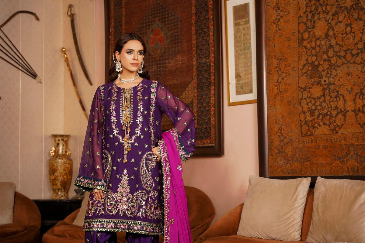 Deep Purple & Magenta Raw Silk Formal Embroidered Suit