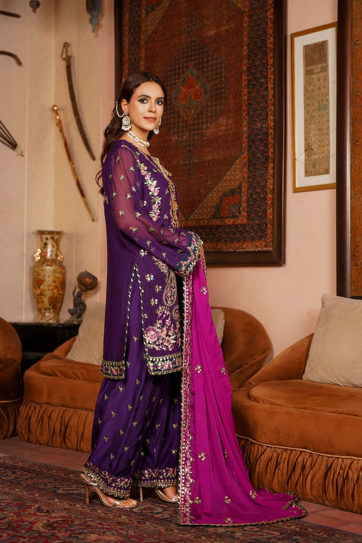 Deep Purple & Magenta Raw Silk Formal Embroidered Suit
