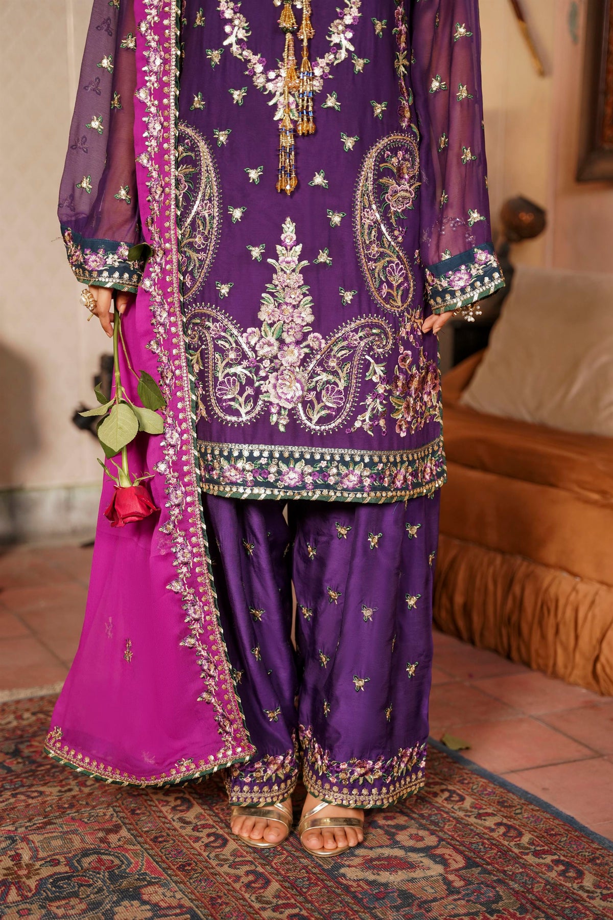 Deep Purple & Magenta Raw Silk Formal Embroidered Suit