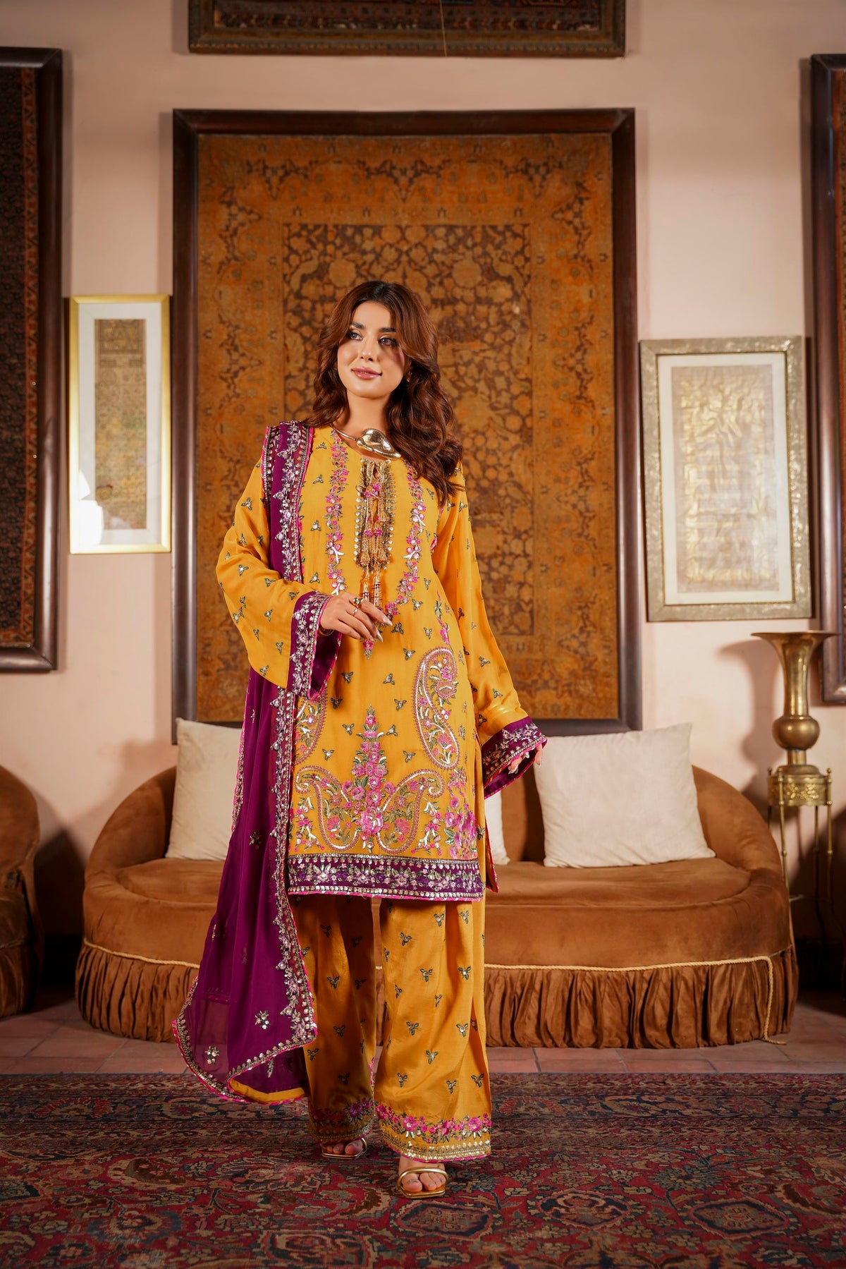 Mustard & Purple Raw Silk Formal Embroidered Suit