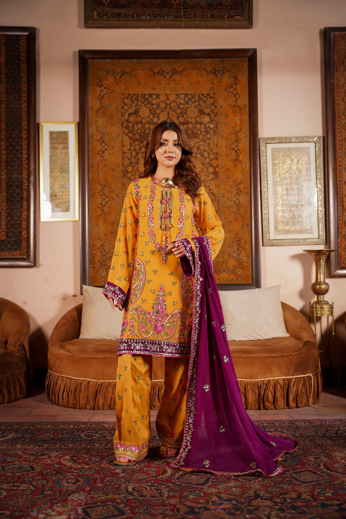 Mustard & Purple Raw Silk Formal Embroidered Suit