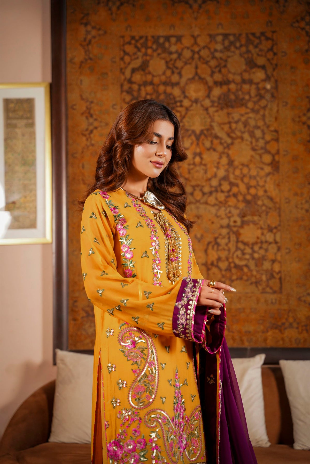 Mustard & Purple Raw Silk Formal Embroidered Suit