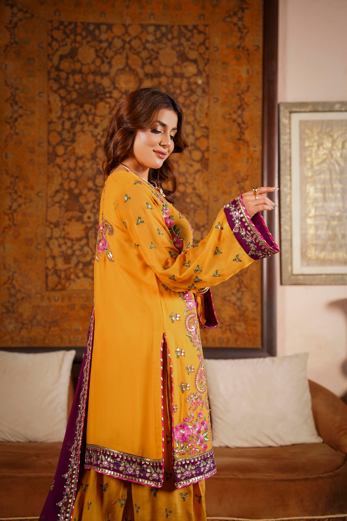 Mustard & Purple Raw Silk Formal Embroidered Suit