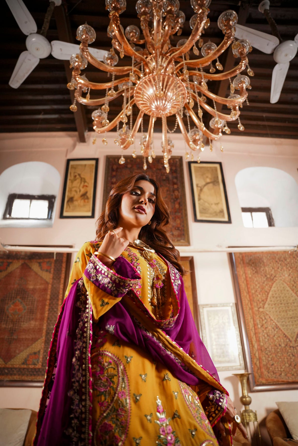 Mustard & Purple Raw Silk Formal Embroidered Suit