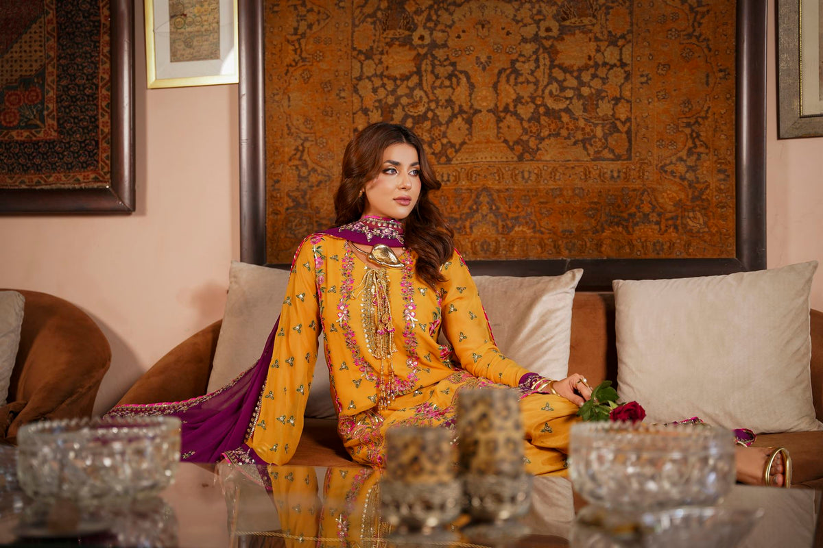 Mustard & Purple Raw Silk Formal Embroidered Suit