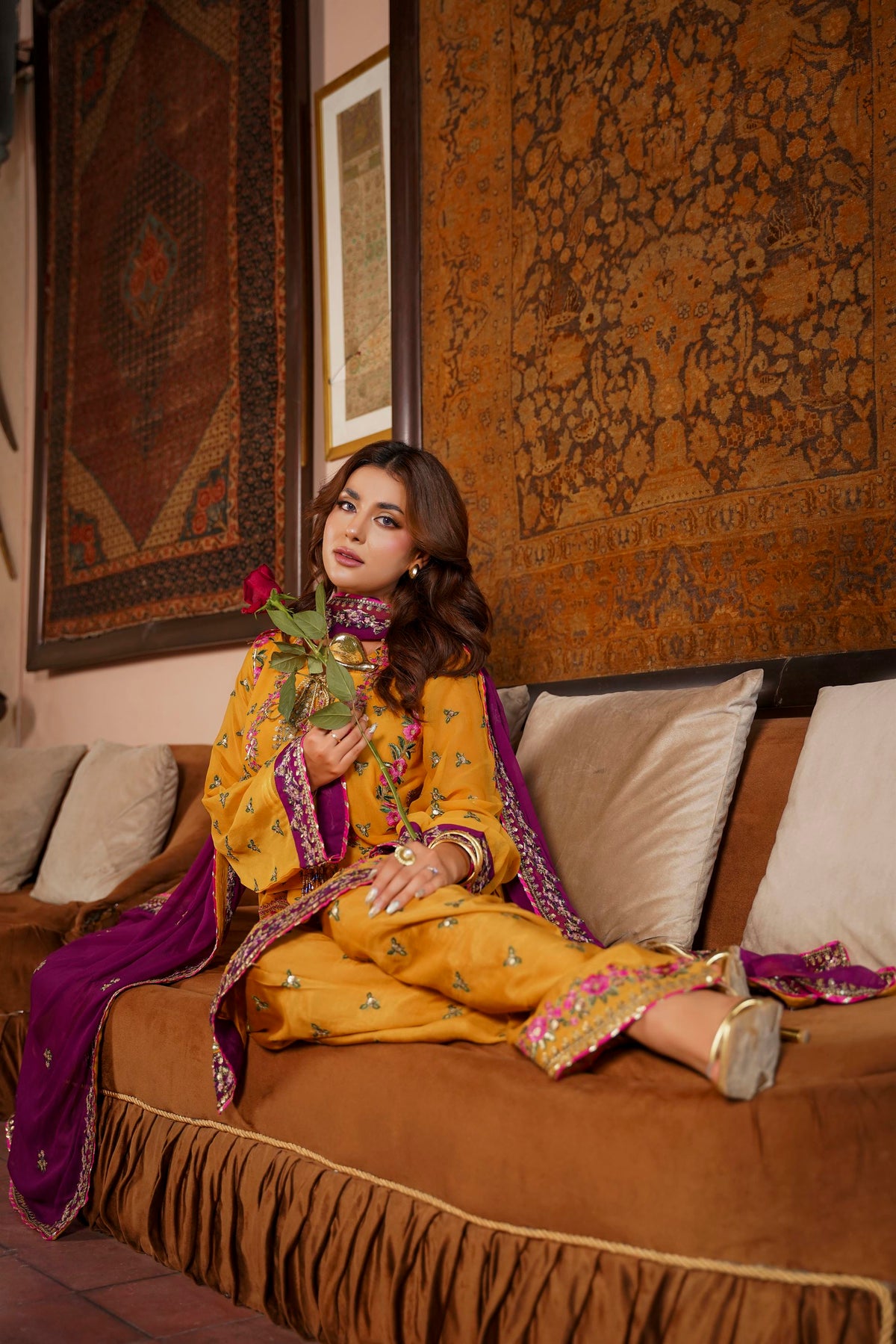 Mustard & Purple Raw Silk Formal Embroidered Suit