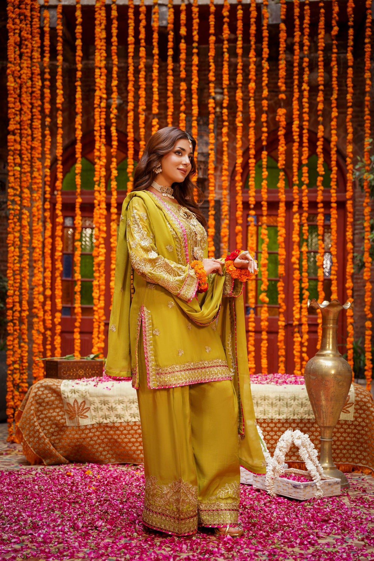 Mustard Raw Silk Embroidered Festive Suit with Pink Contrast