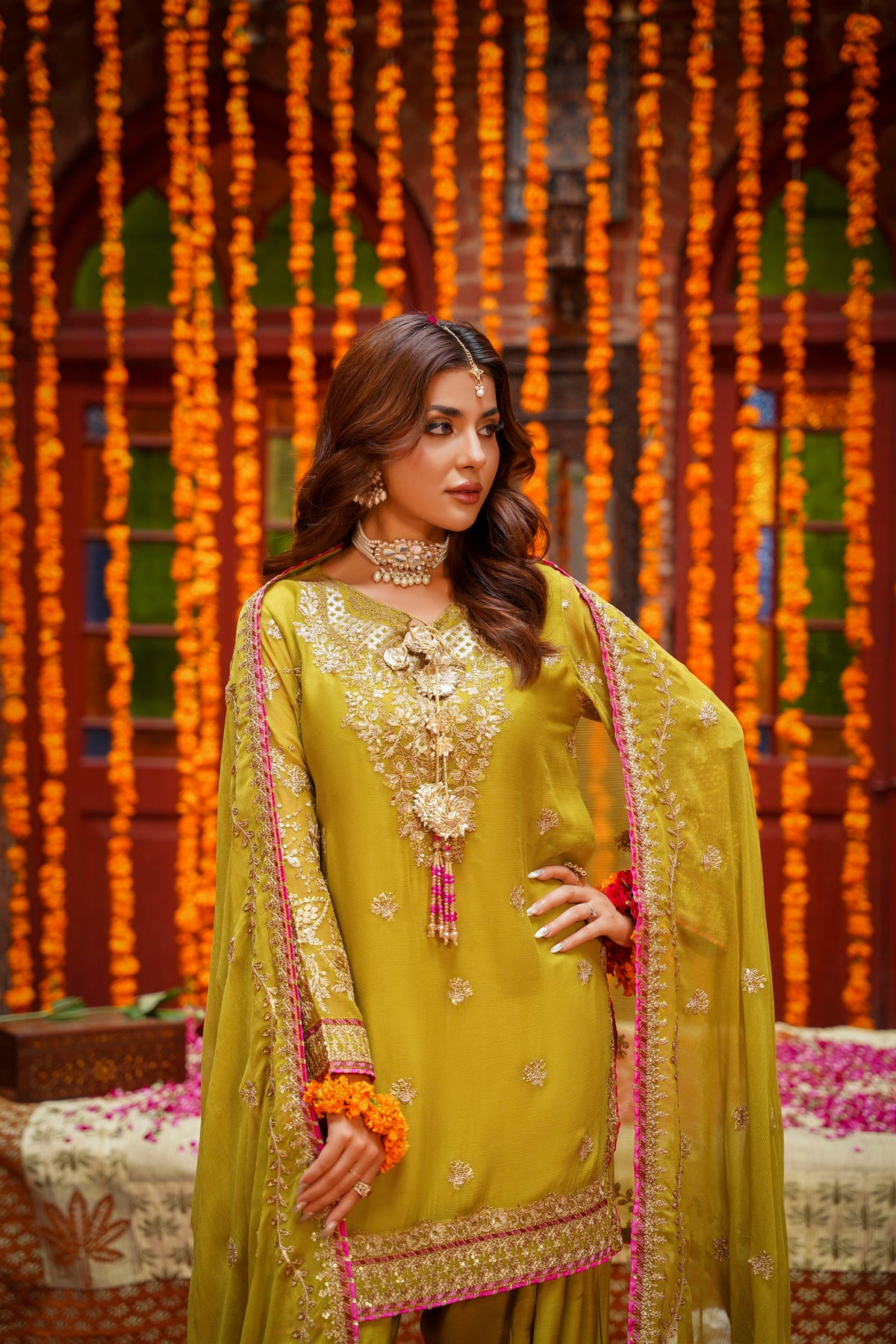 Mustard Raw Silk Embroidered Festive Suit with Pink Contrast