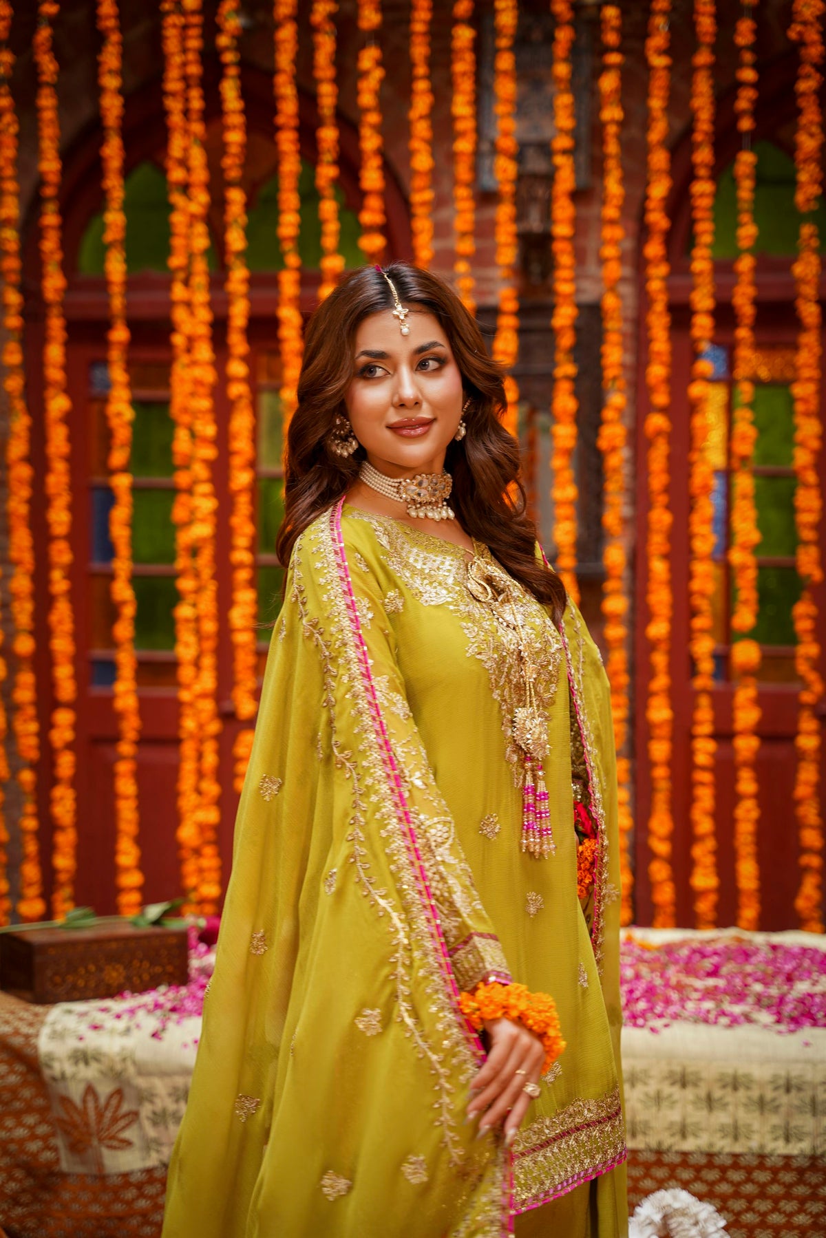 Mustard Raw Silk Embroidered Festive Suit with Pink Contrast