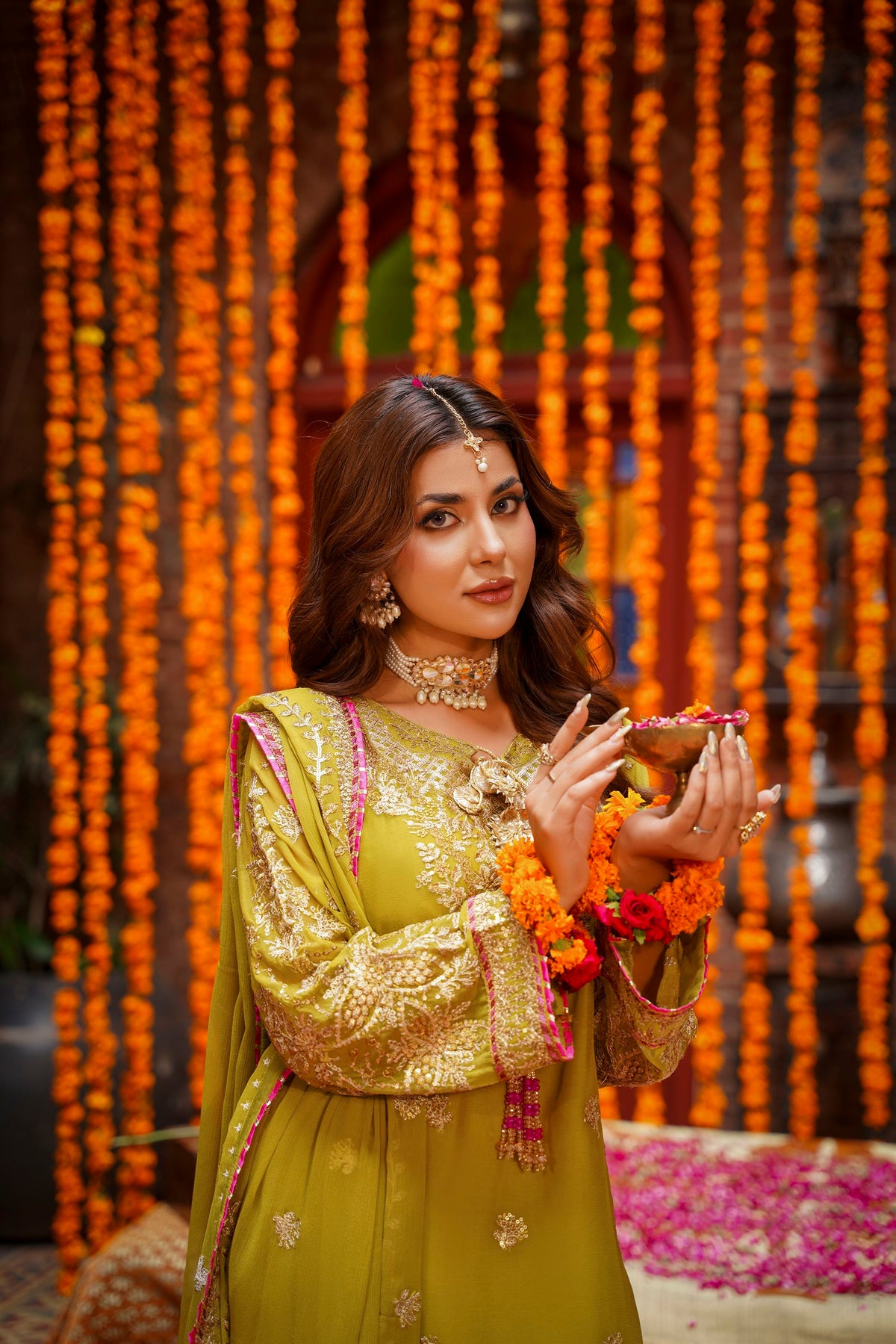 Mustard Raw Silk Embroidered Festive Suit with Pink Contrast