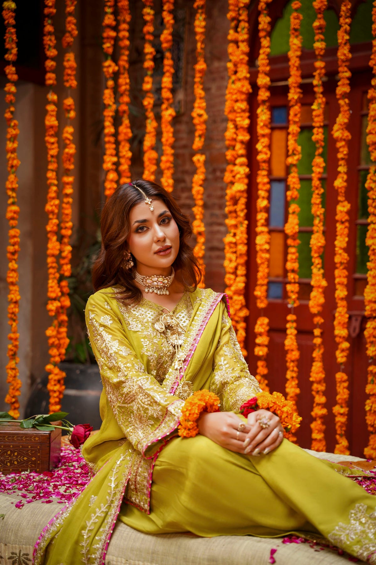 Mustard Raw Silk Embroidered Festive Suit with Pink Contrast