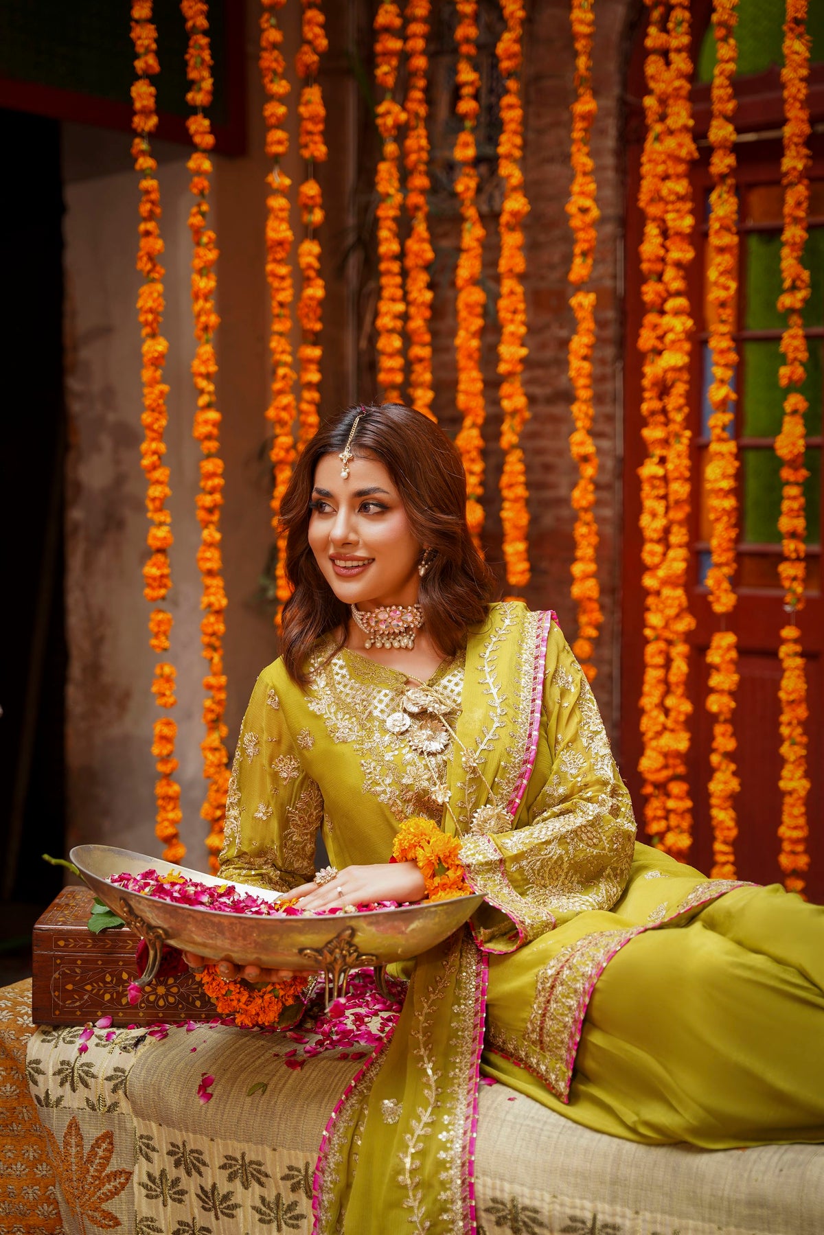 Mustard Raw Silk Embroidered Festive Suit with Pink Contrast