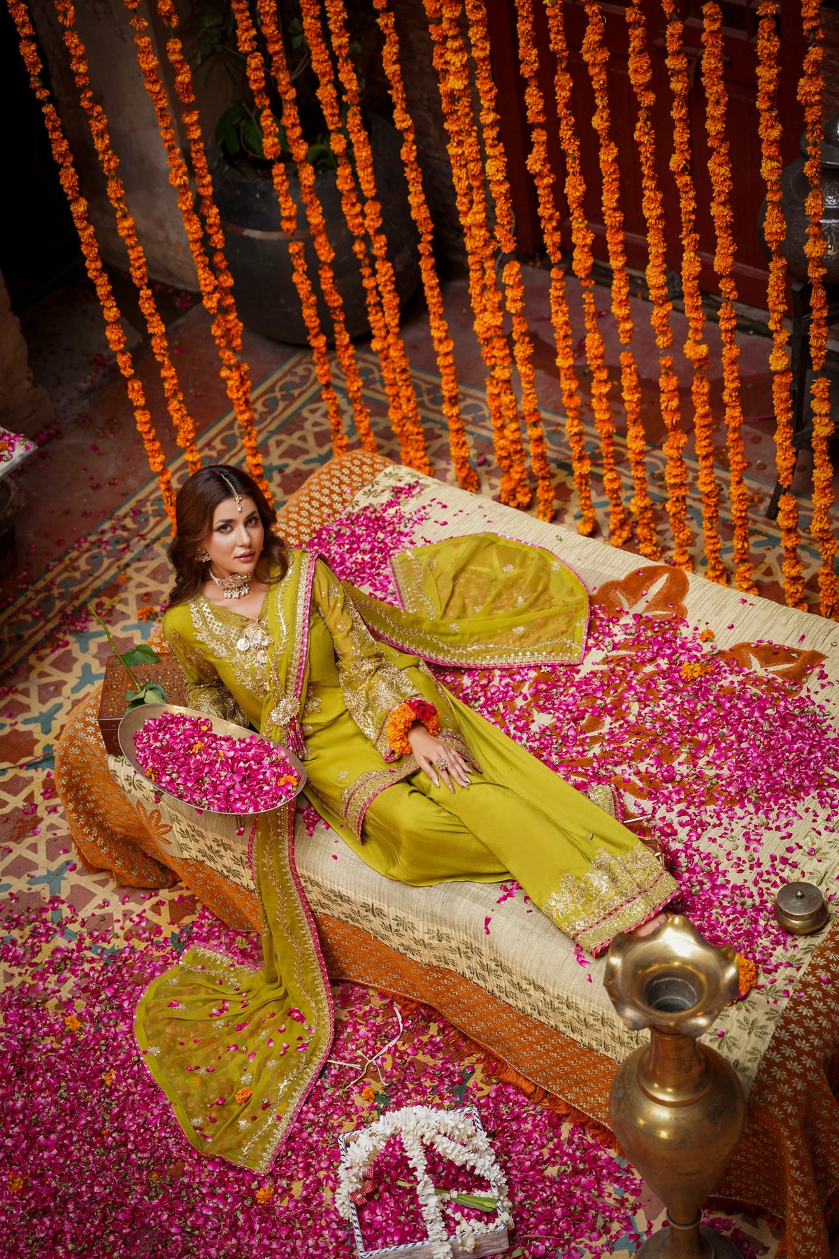 Mustard Raw Silk Embroidered Festive Suit with Pink Contrast