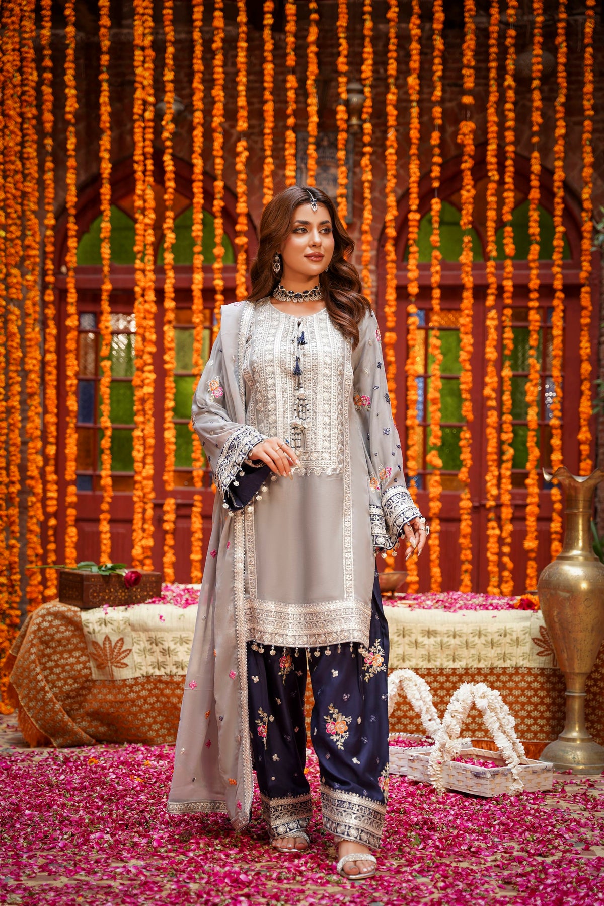 Grey & Navy Blue Embroidered Festive Suit