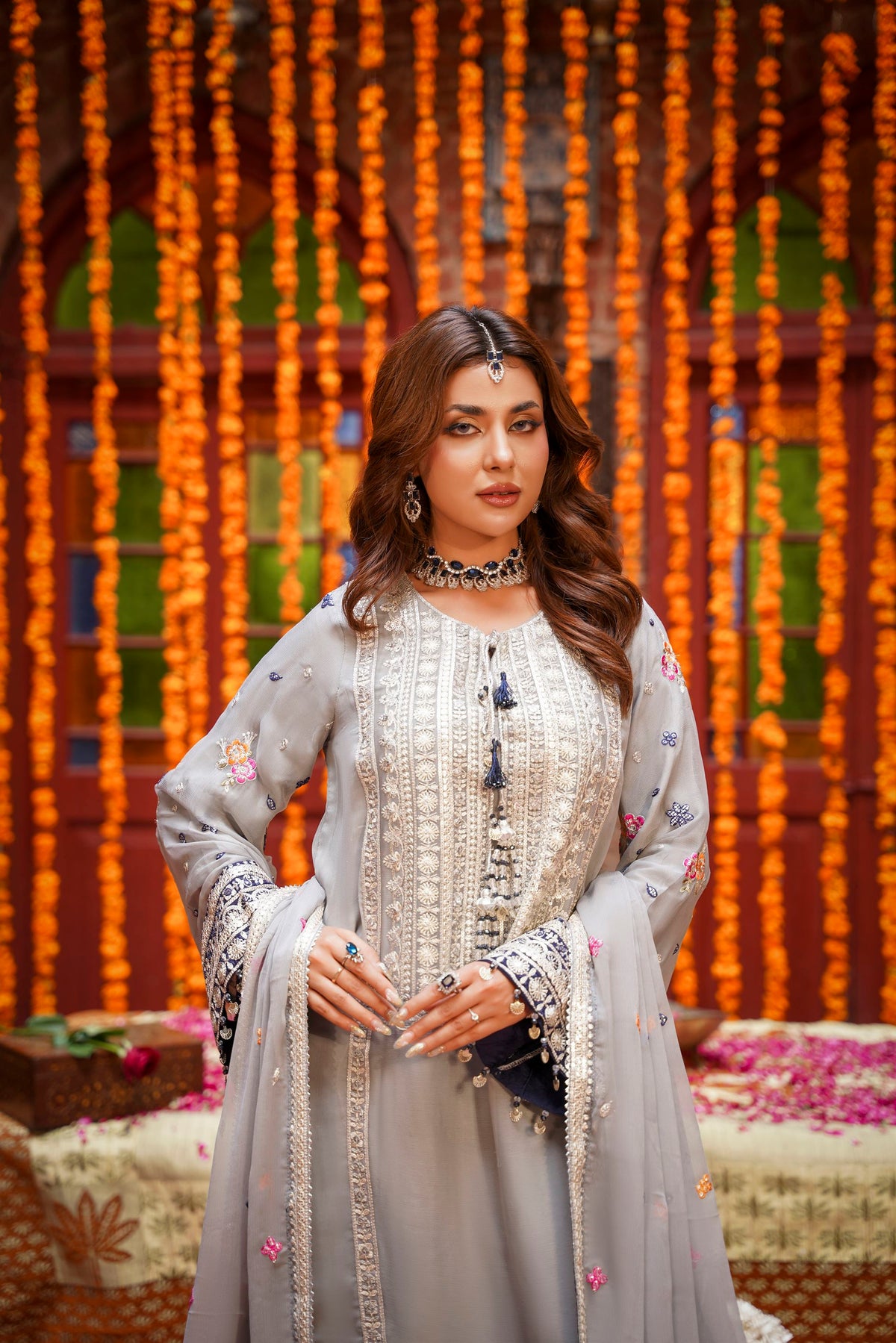 Grey & Navy Blue Embroidered Festive Suit