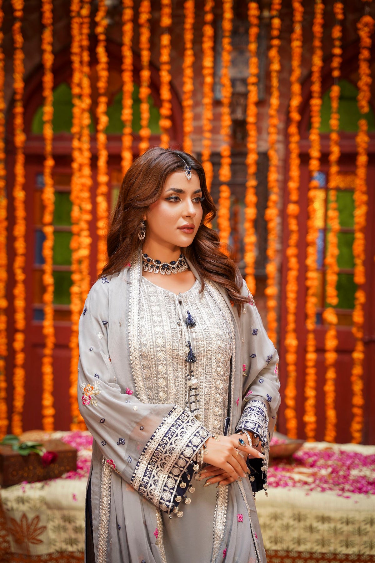 Grey & Navy Blue Embroidered Festive Suit