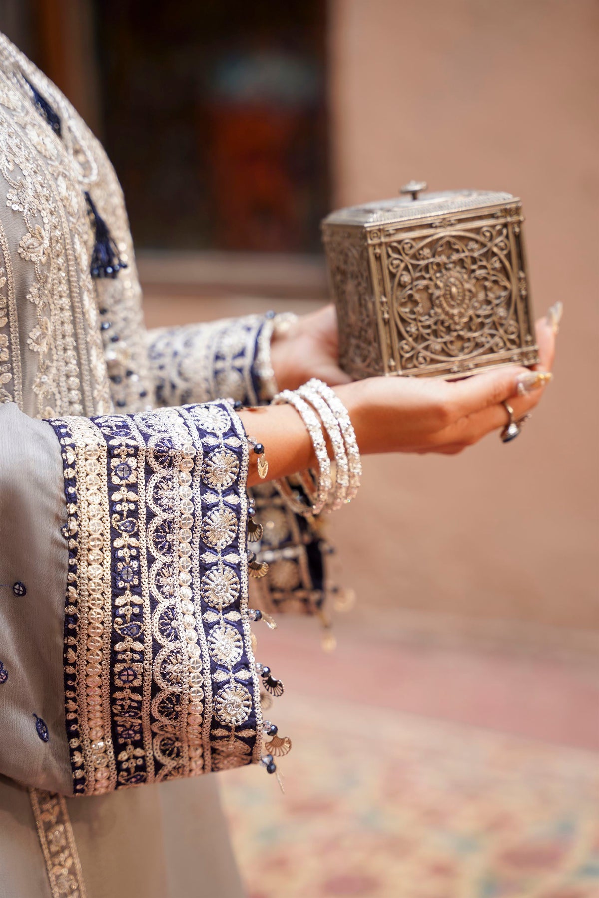 Grey & Navy Blue Embroidered Festive Suit