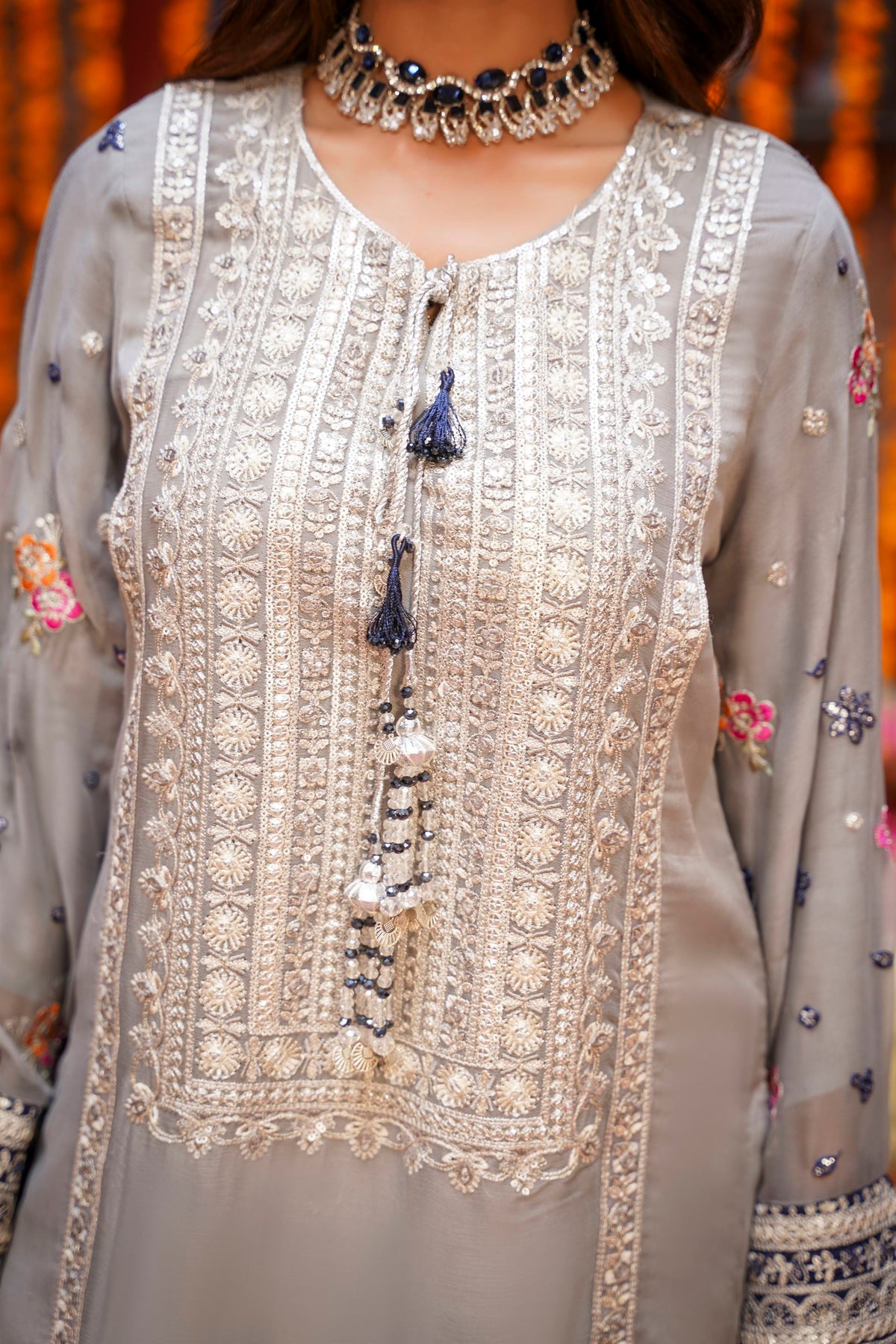 Grey & Navy Blue Embroidered Festive Suit
