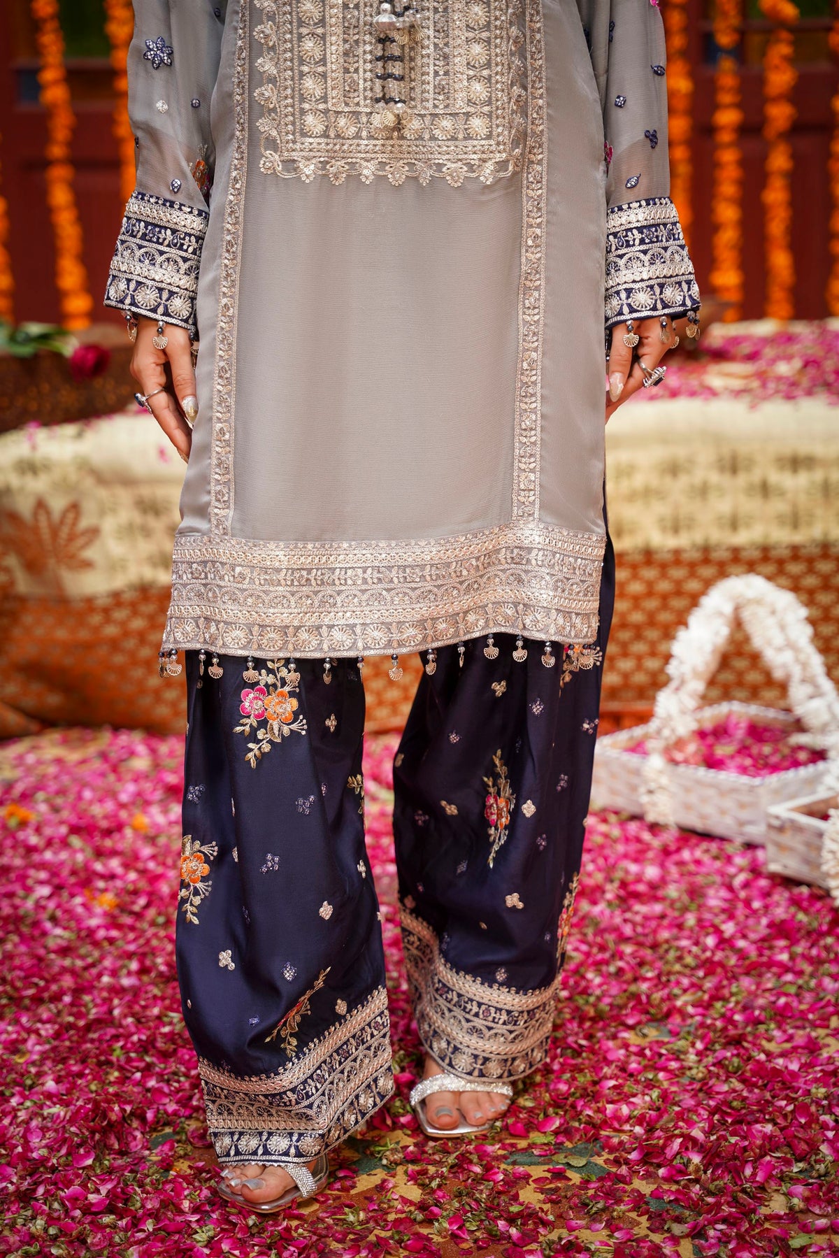 Grey & Navy Blue Embroidered Festive Suit