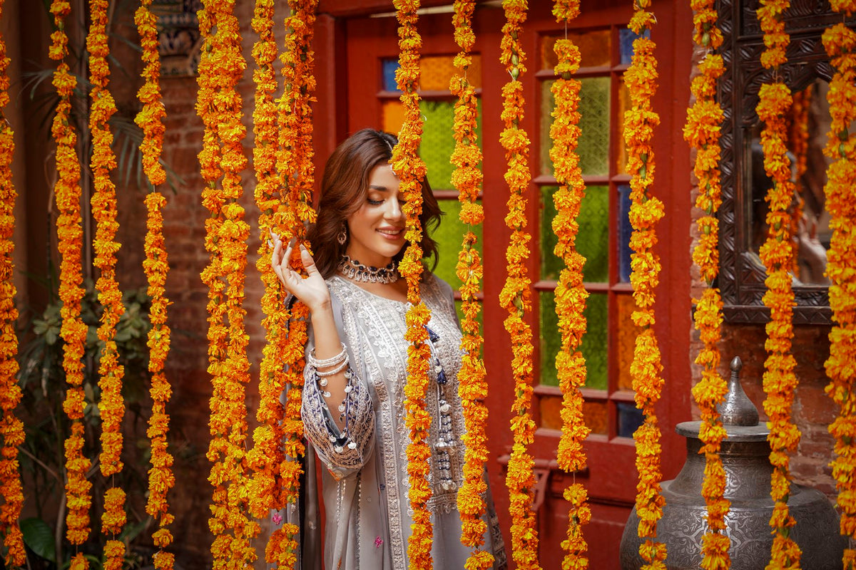 Grey & Navy Blue Embroidered Festive Suit