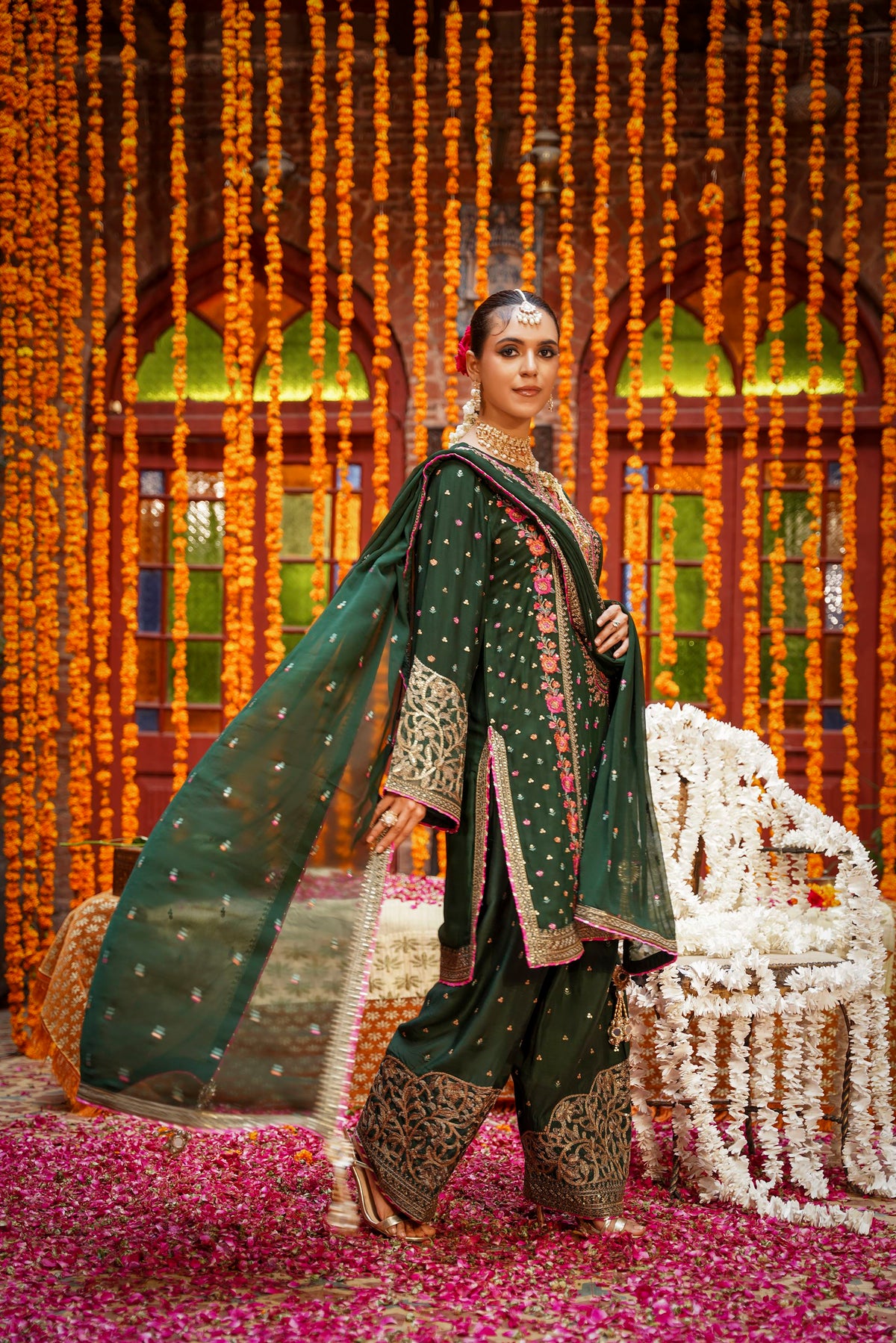 Bottle Green Embroidered Festive Suit with Pink Accents