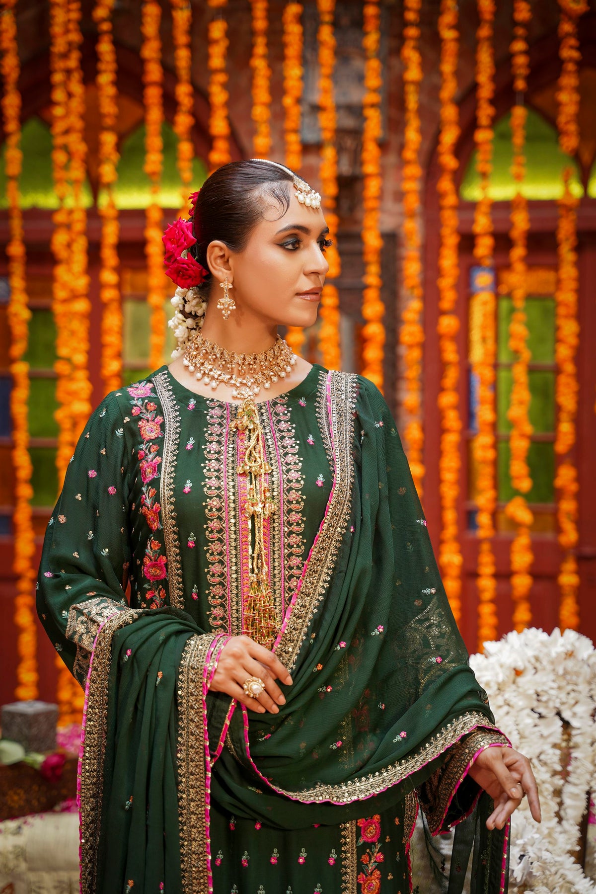 Bottle Green Embroidered Festive Suit with Pink Accents