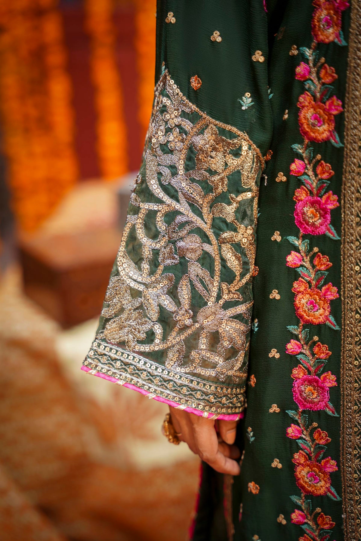 Bottle Green Embroidered Festive Suit with Pink Accents