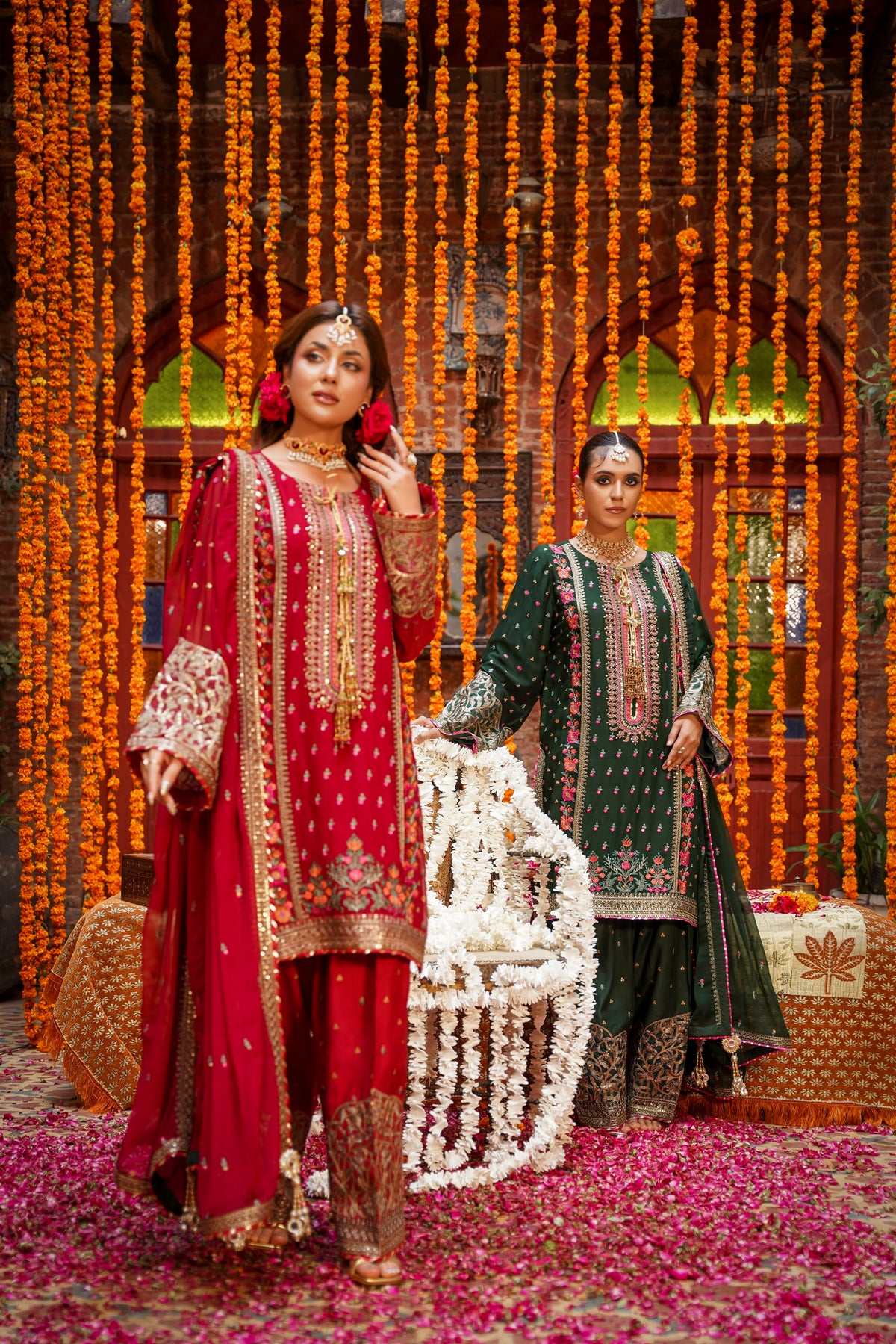 Bottle Green Embroidered Festive Suit with Pink Accents