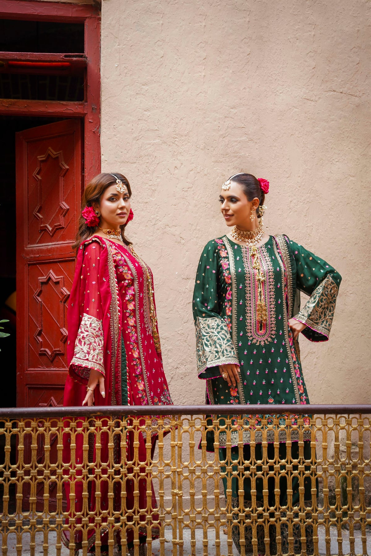 Bottle Green Embroidered Festive Suit with Pink Accents