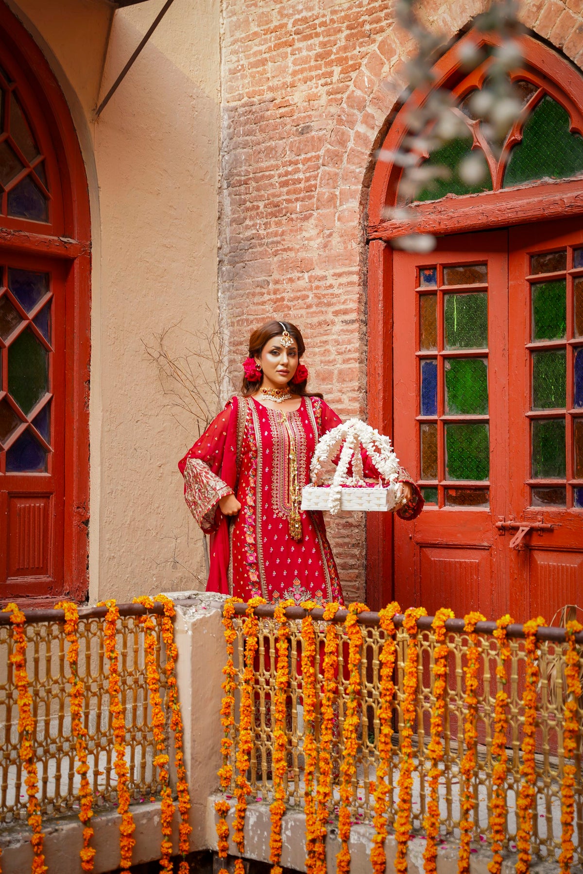 Crimson Red Embroidered Festive Suit with Palazzo