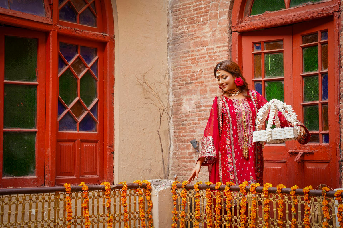 Crimson Red Embroidered Festive Suit with Palazzo