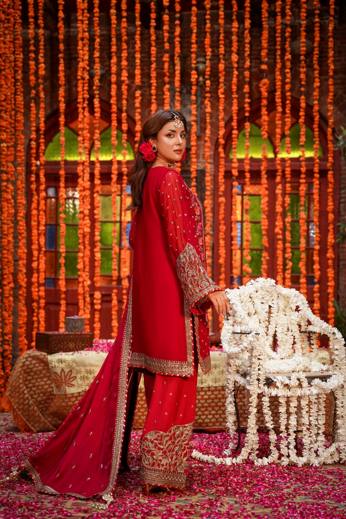 Crimson Red Embroidered Festive Suit with Palazzo