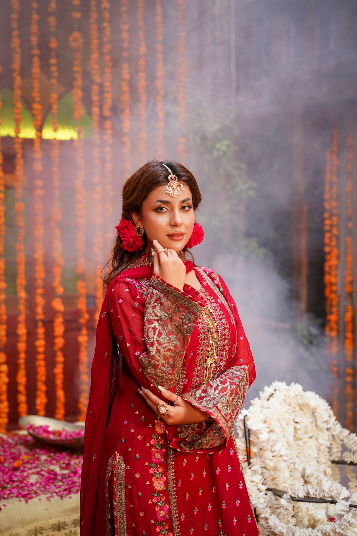Crimson Red Embroidered Festive Suit with Palazzo