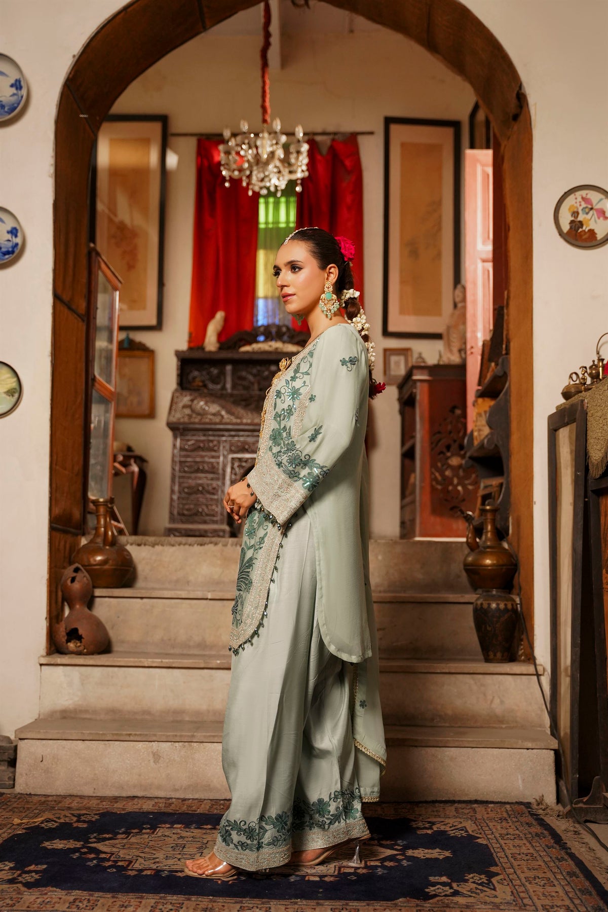 Mint Green Embroidered Festive Suit with  Shalwar