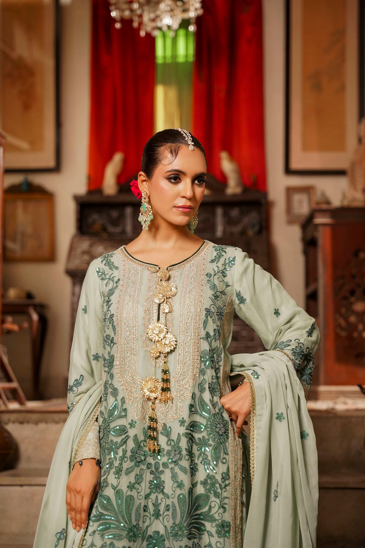 Mint Green Embroidered Festive Suit with  Shalwar