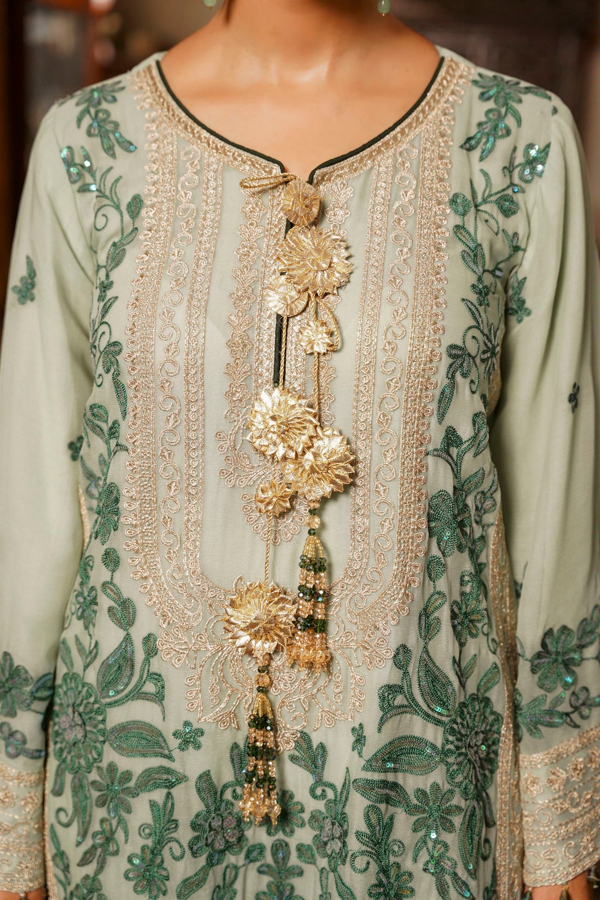 Mint Green Embroidered Festive Suit with  Shalwar