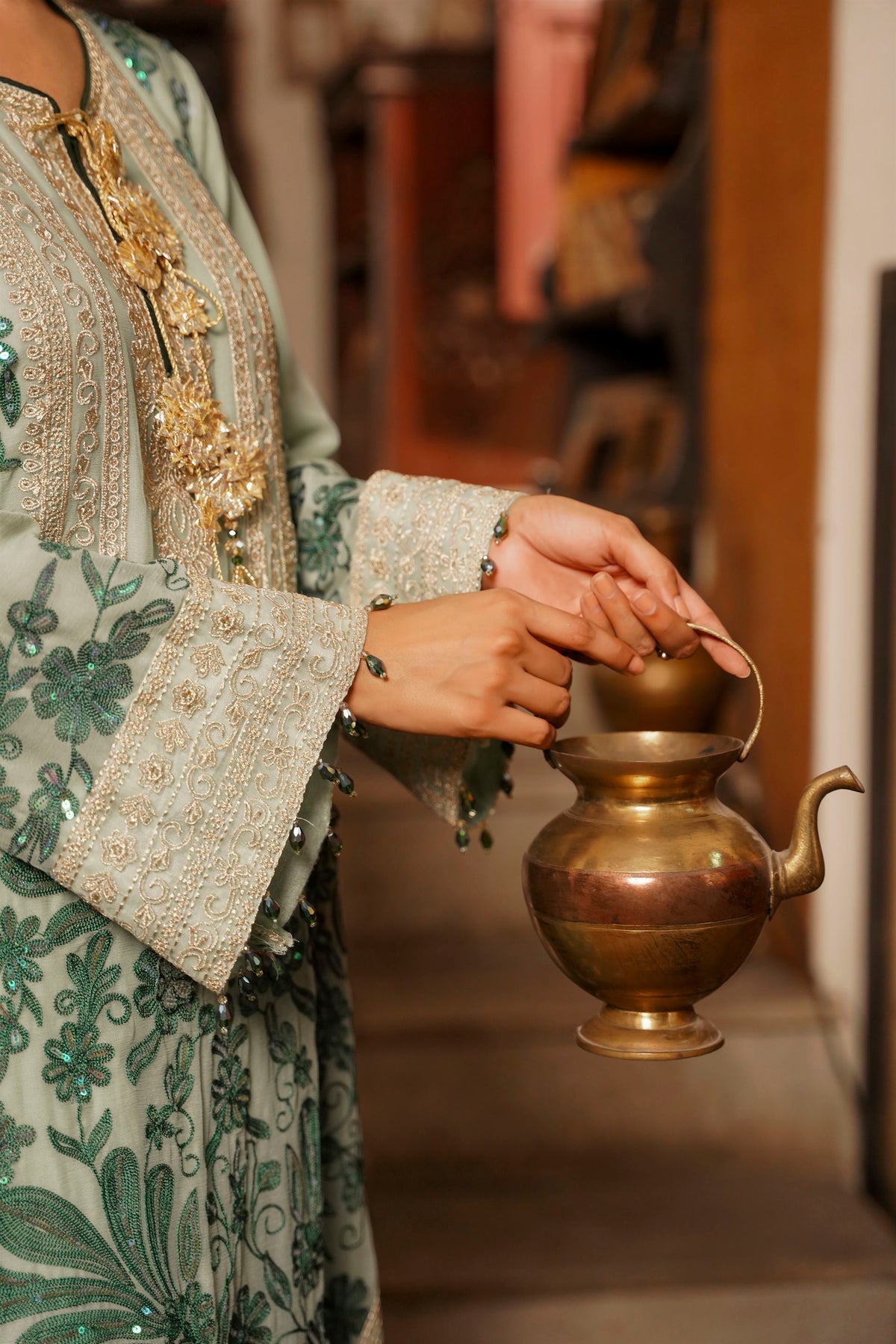 Mint Green Embroidered Festive Suit with  Shalwar
