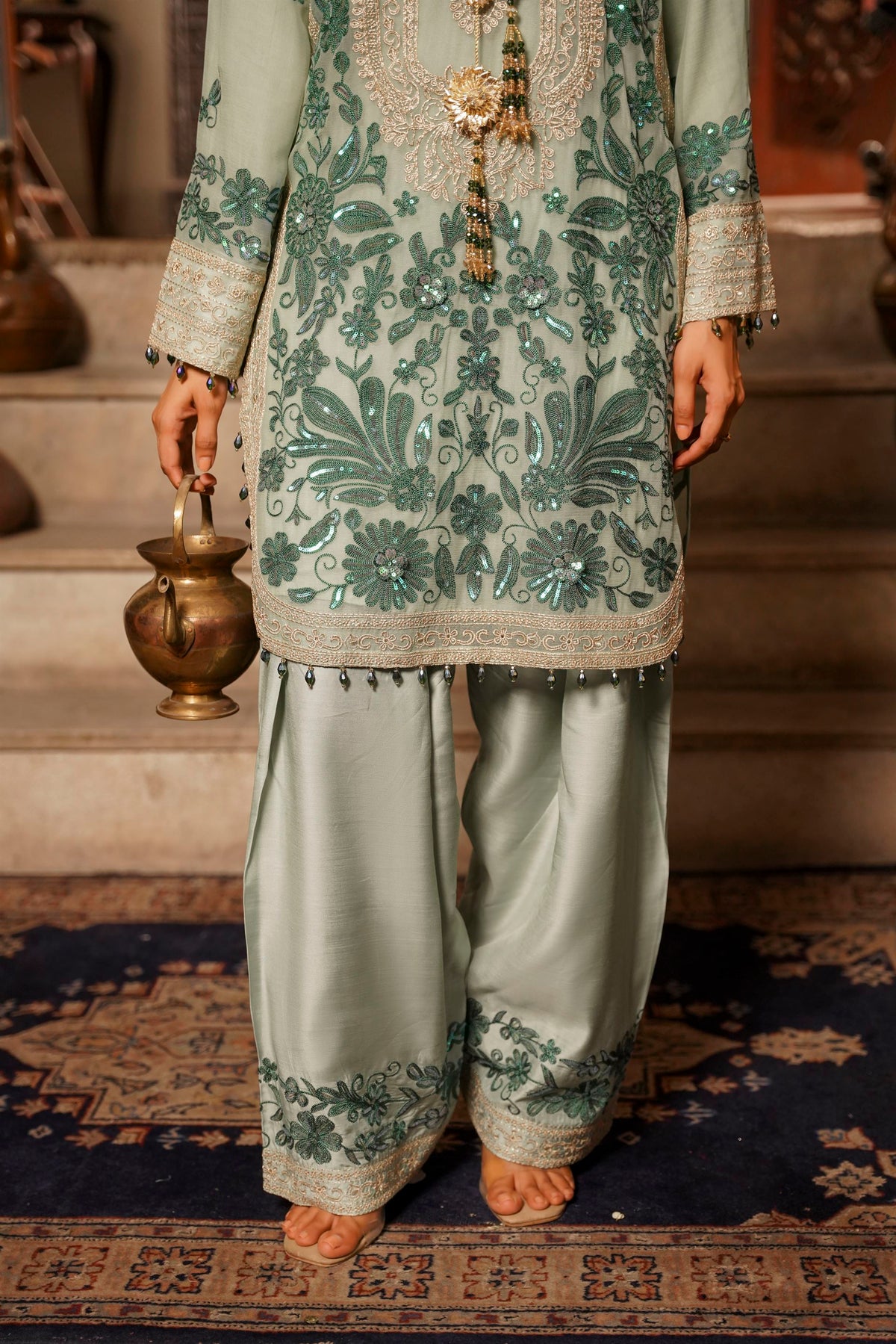 Mint Green Embroidered Festive Suit with  Shalwar