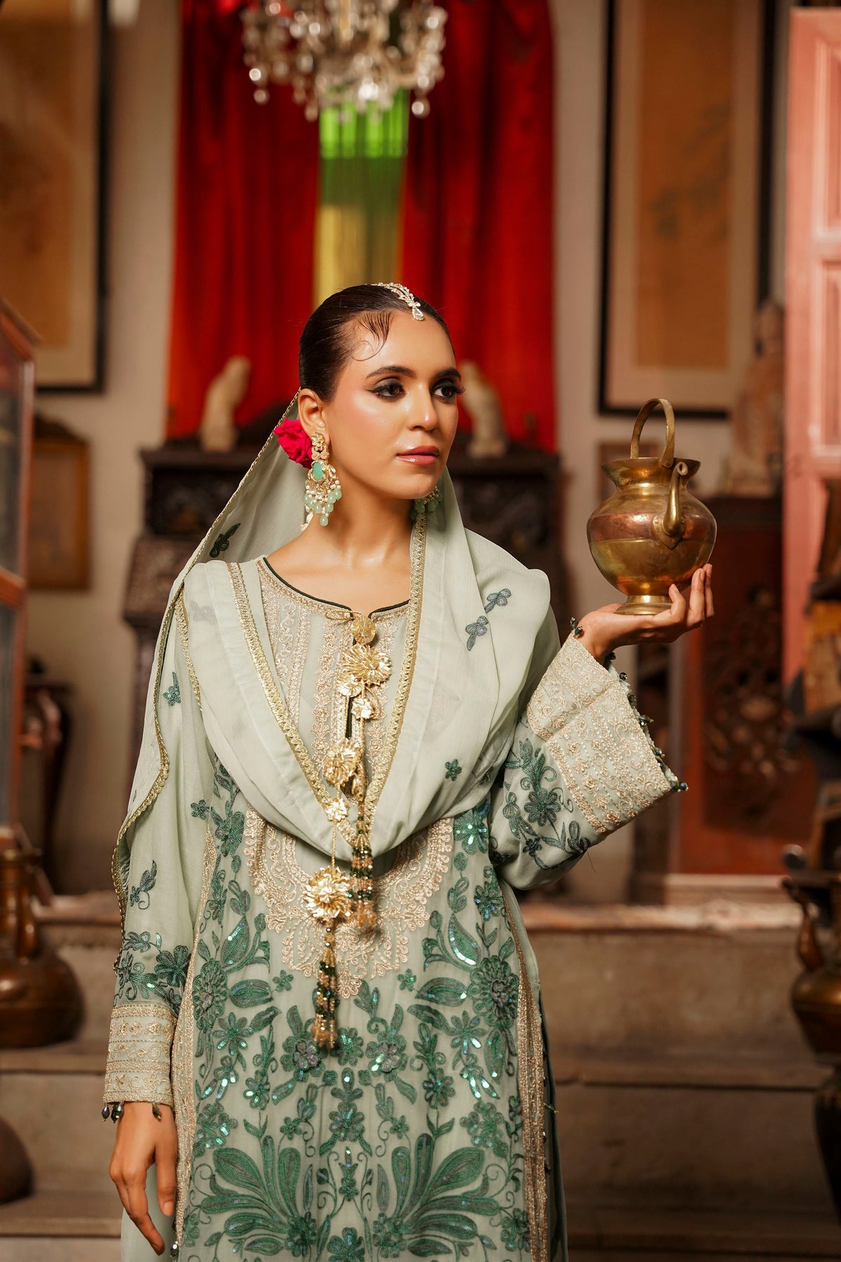 Mint Green Embroidered Festive Suit with  Shalwar