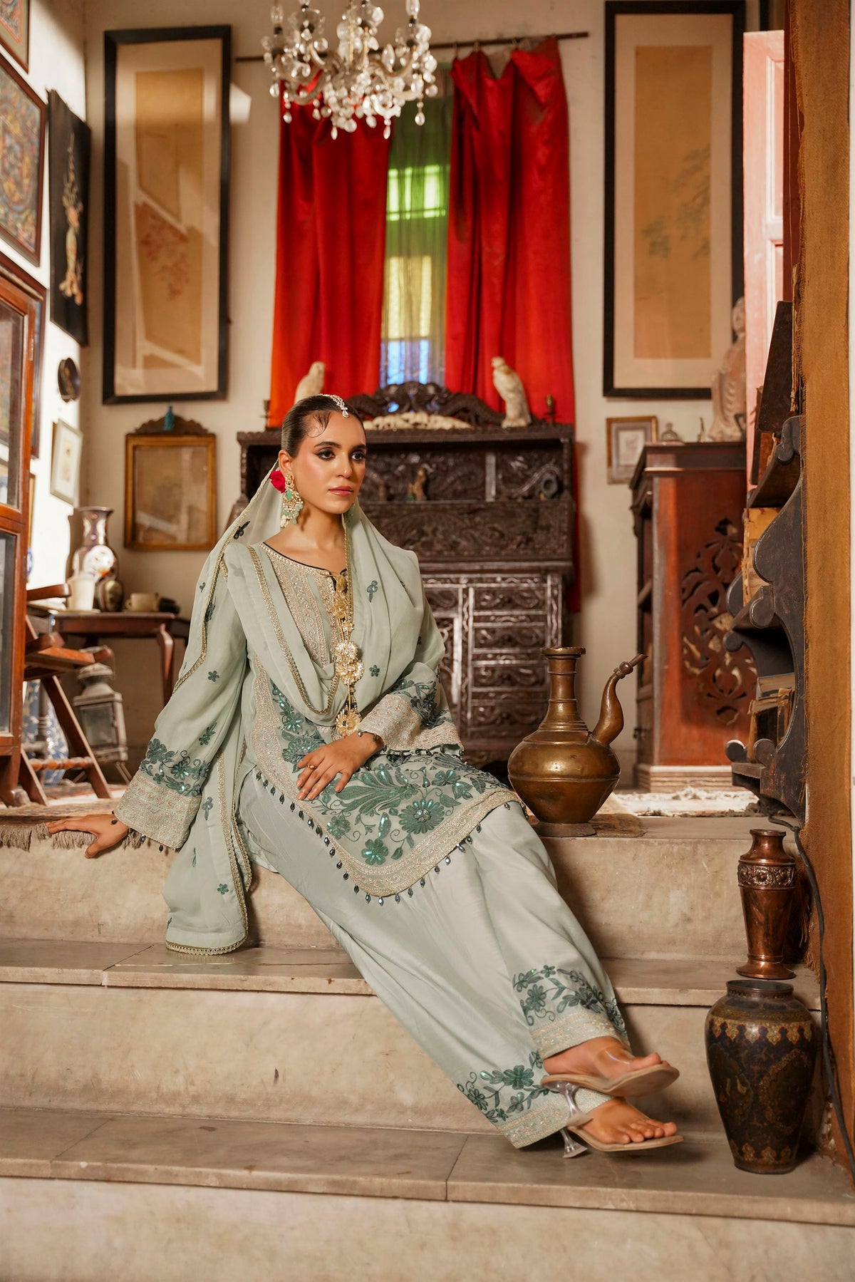 Mint Green Embroidered Festive Suit with  Shalwar