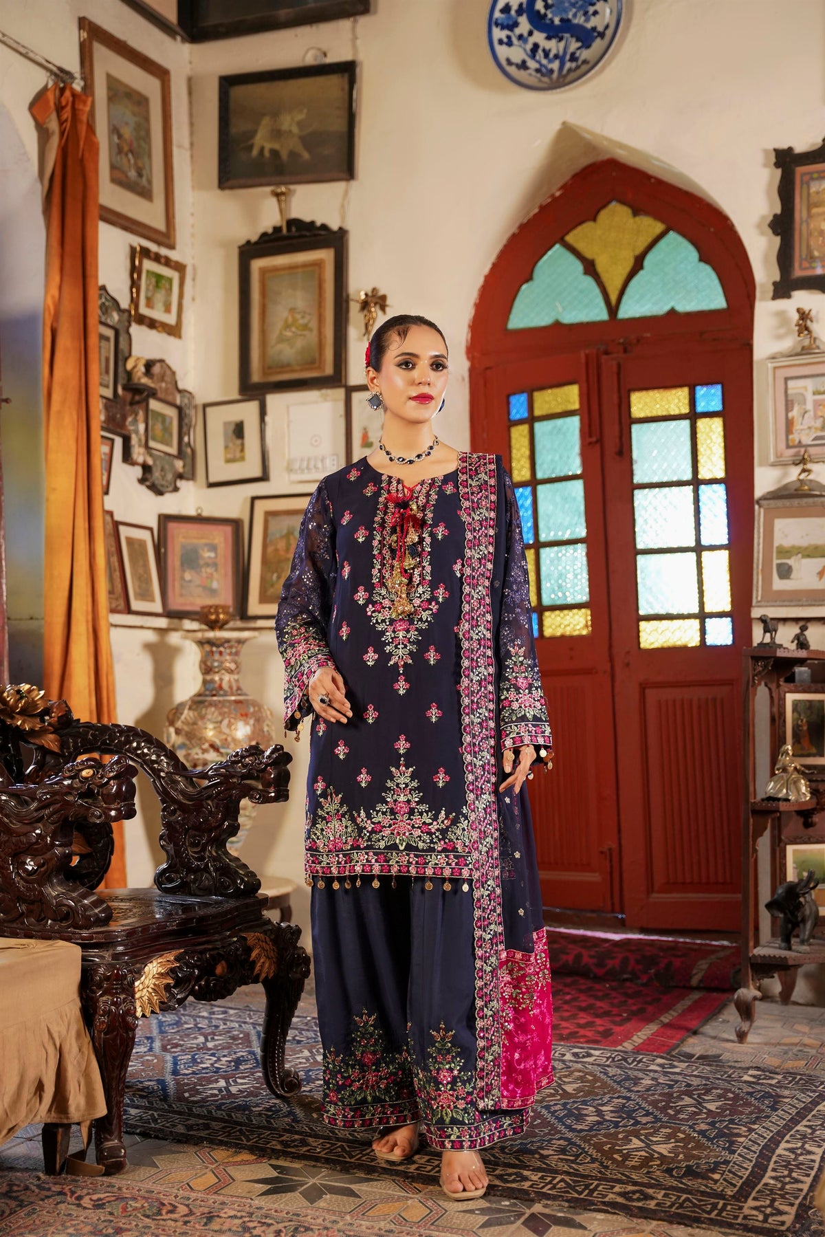 Deep Navy Blue Embroidered Festive Suit with Shalwar