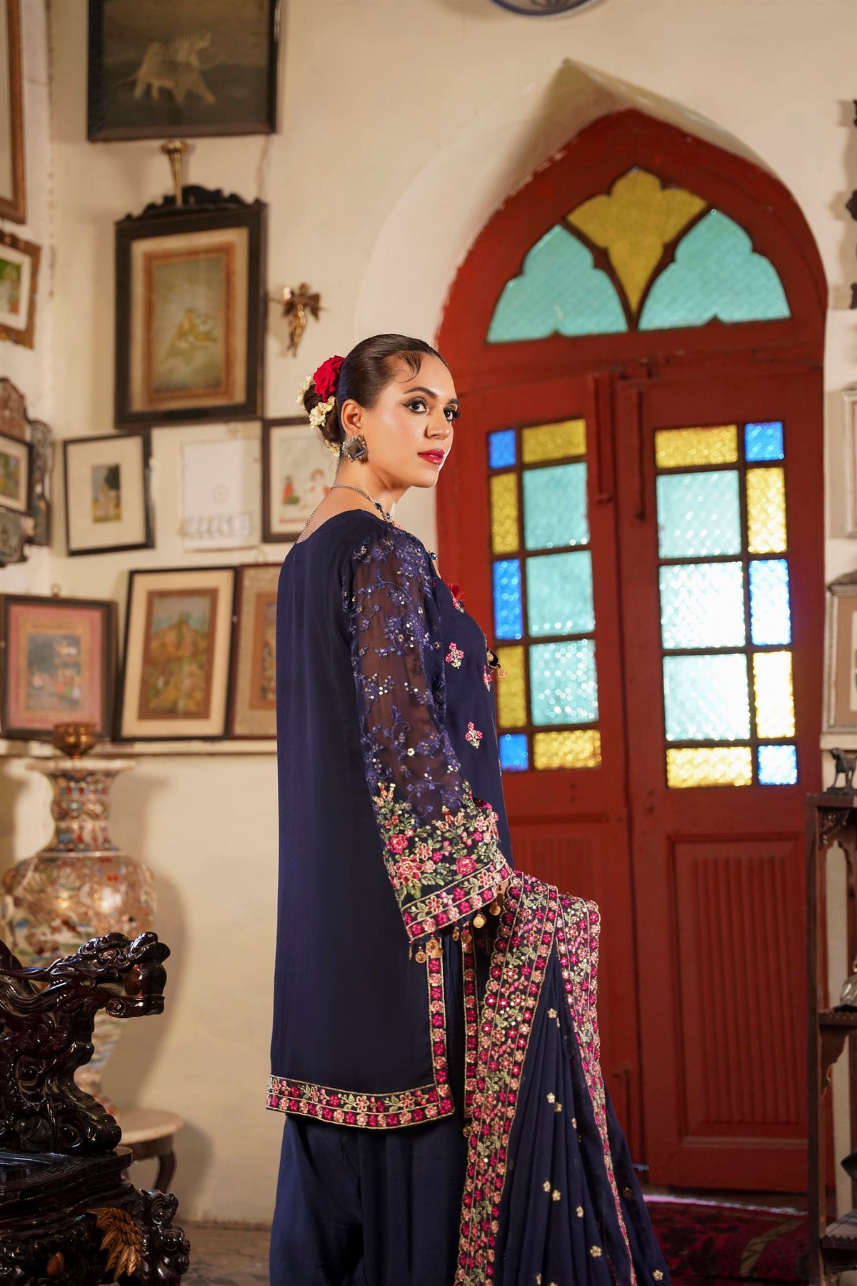 Deep Navy Blue Embroidered Festive Suit with Shalwar