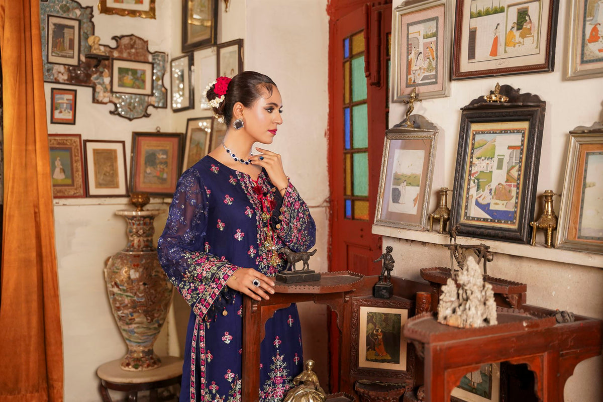 Deep Navy Blue Embroidered Festive Suit with Shalwar