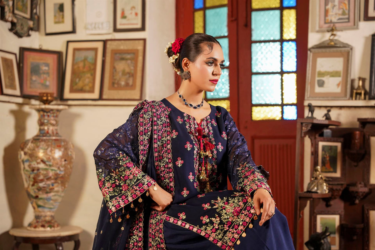 Deep Navy Blue Embroidered Festive Suit with Shalwar